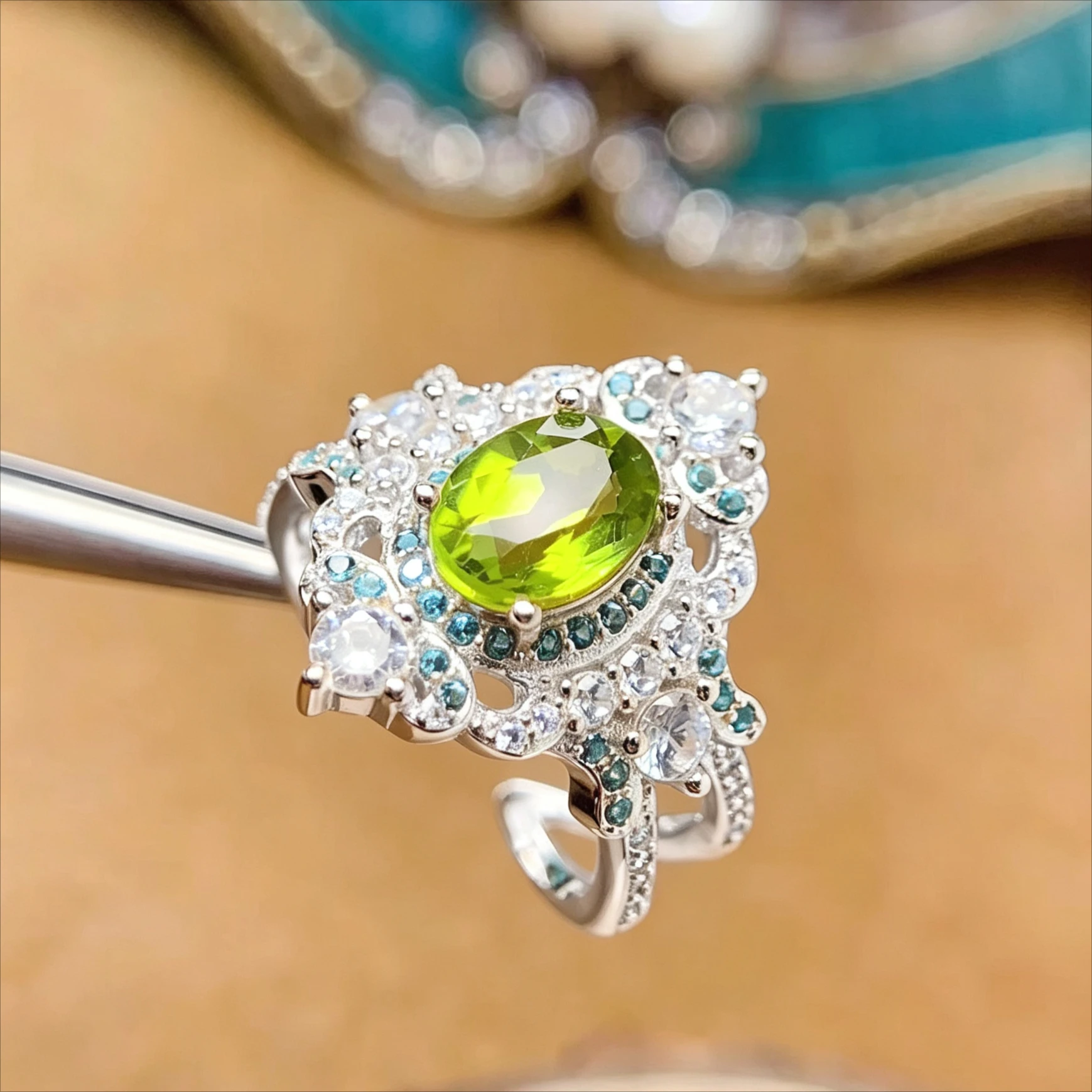 Baroque-Style Light Luxury 925 Silver Ring 6x8mm Natural Peridot Open Ring with Free Certificate Fine Jewelry for Women