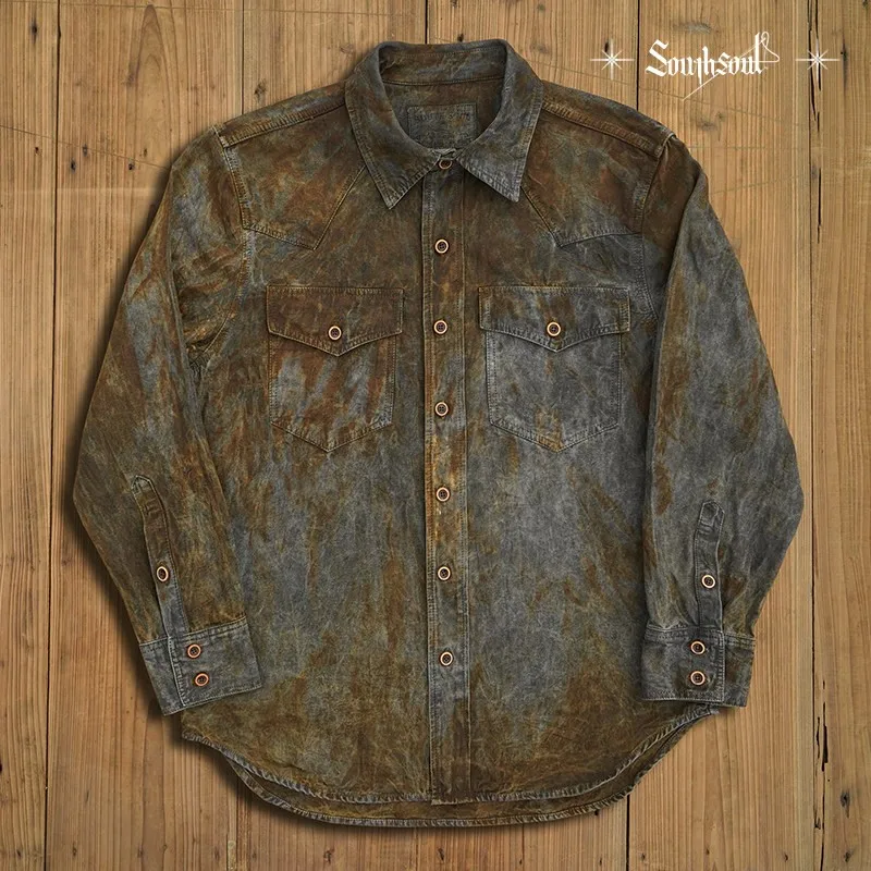 American Retro Heavy Cotton Hand-Made Old Plant Dyed Western Shirt Persimmon Dyed Grass and Wood Dyed Coat Jacket Men