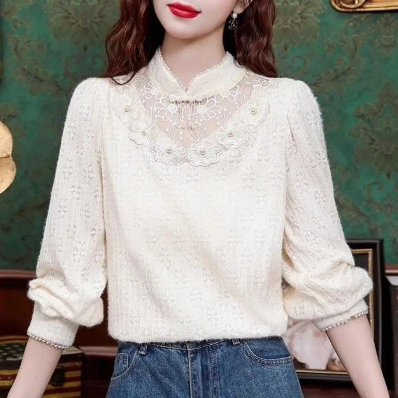 Stand Up Collar Long Sleeved Lace Base Shirt Retro Chic with Thick and Inner Top Stylish Women's Long Sleeved Pullover TT818