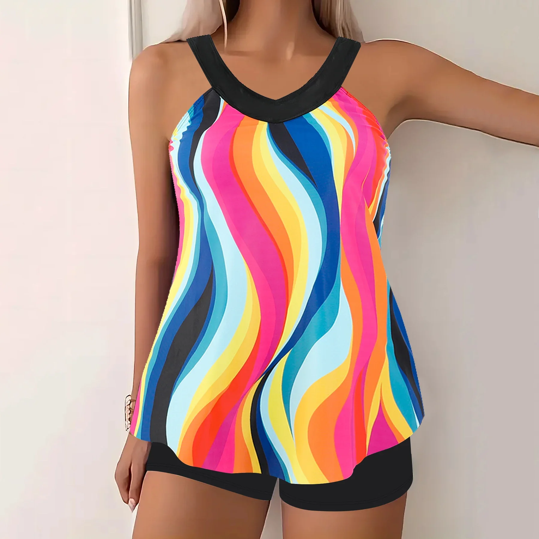 Floral Print Patchwork Black 2 Piece Set Tankini, Round Neck High Waist Stretchy Swimsuits, Women's Summer Bikini Beachwear