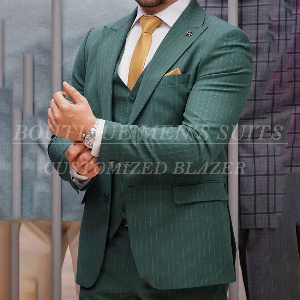 

Formal Men's Suits Elegant Slim Fit 3 Piece Jacket Pants Vest Male Clothing Stripe Back Vent Male Clothing Outfits for Wedding
