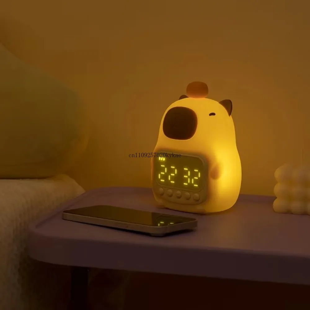Creative Cartoon Capybara Alarm Clock USB Rechargeable Silicone Capybara Night Light ABS LED Bedside LED Clock Bedroom