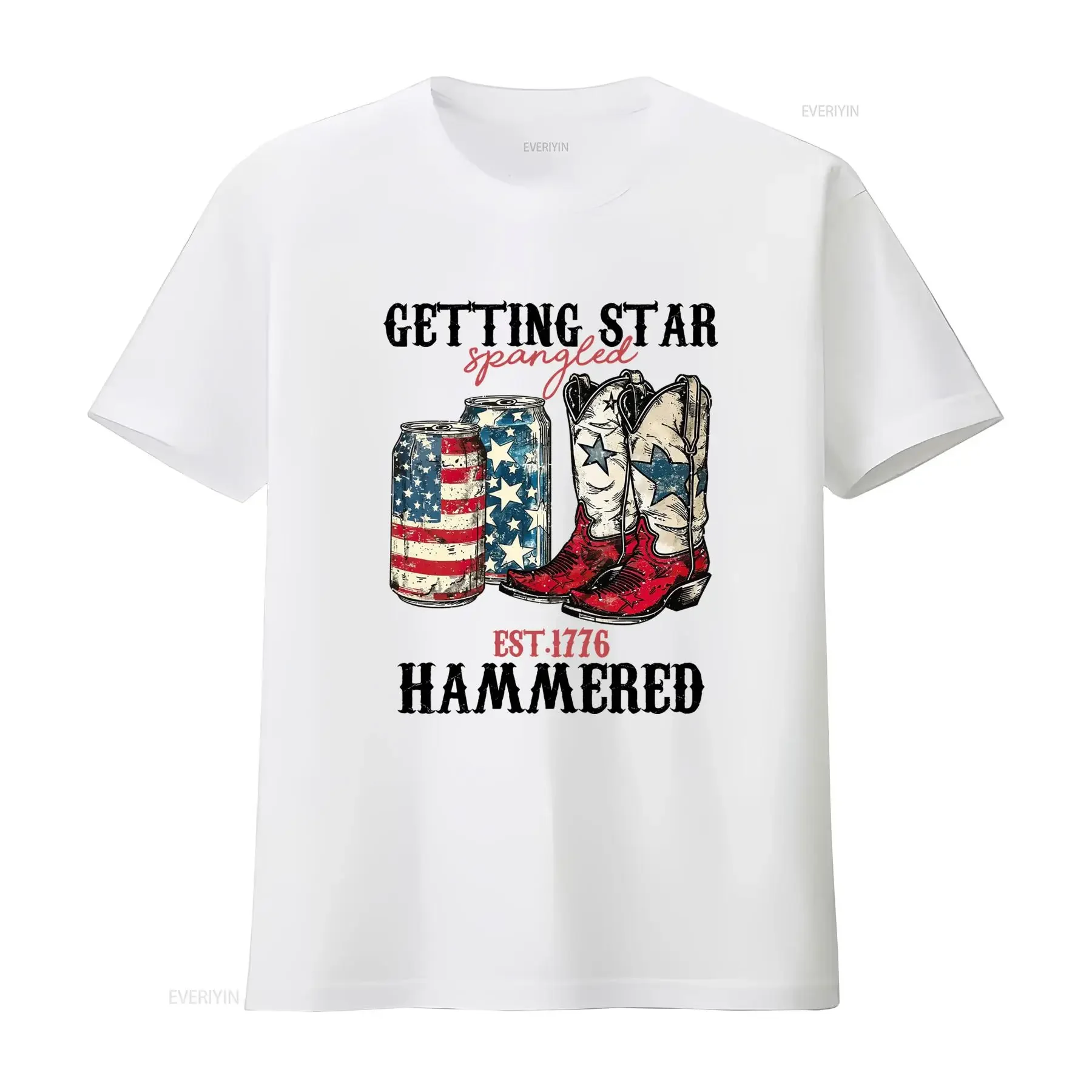 Vintage Retro Patriotic EST 1776 Spangled Cowboy Boots American Flag Beer Can Print Casual T Shirt vintage Washed Versatile