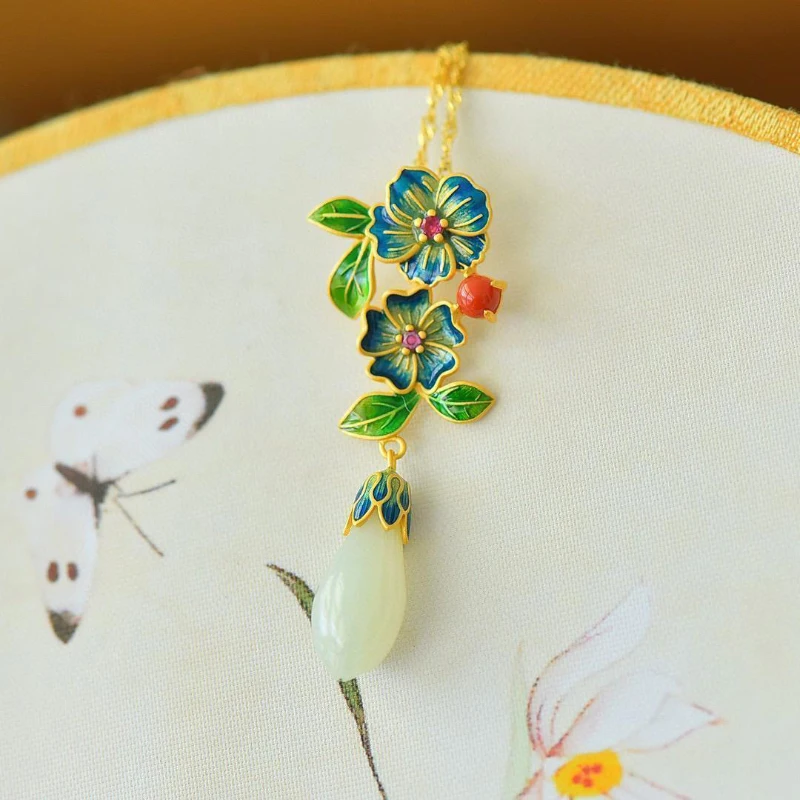 Vintage New in fresh Enamel Magnolia flower Colorful Necklace Natural Hotan Jade Pendant high-level clavicle chain jewelry