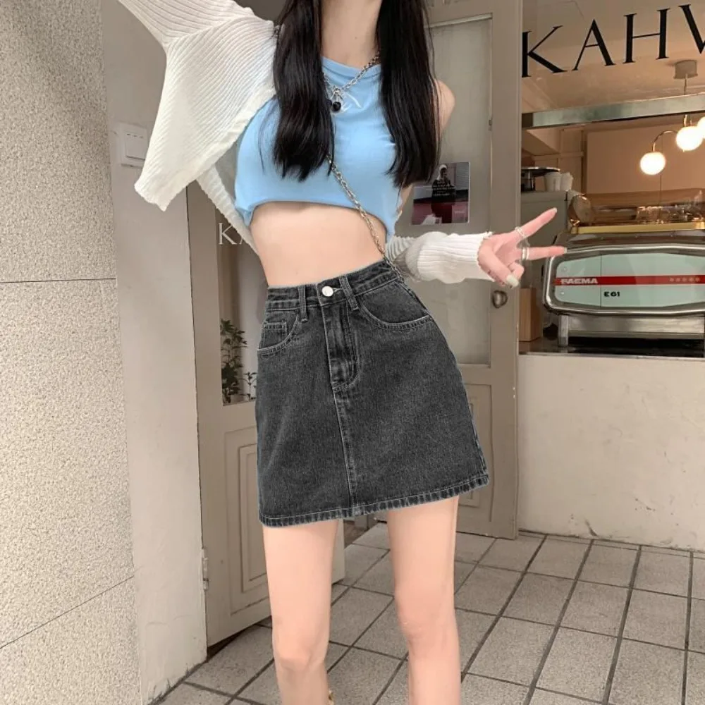 American Hot Girl Design Denim Skirt for Women 2024 Summer New Style Black and Gray High Waist A-line Hip Skirt Short Skirt