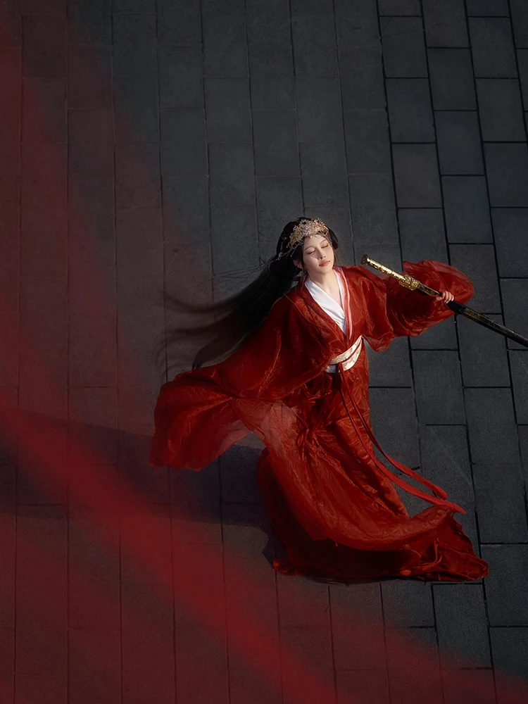red-hanfu-women's-straight-hem-long-sleeve-ancient-costume-set-fairy-atmosphere-drifting-style-traditional-chinese-clothing