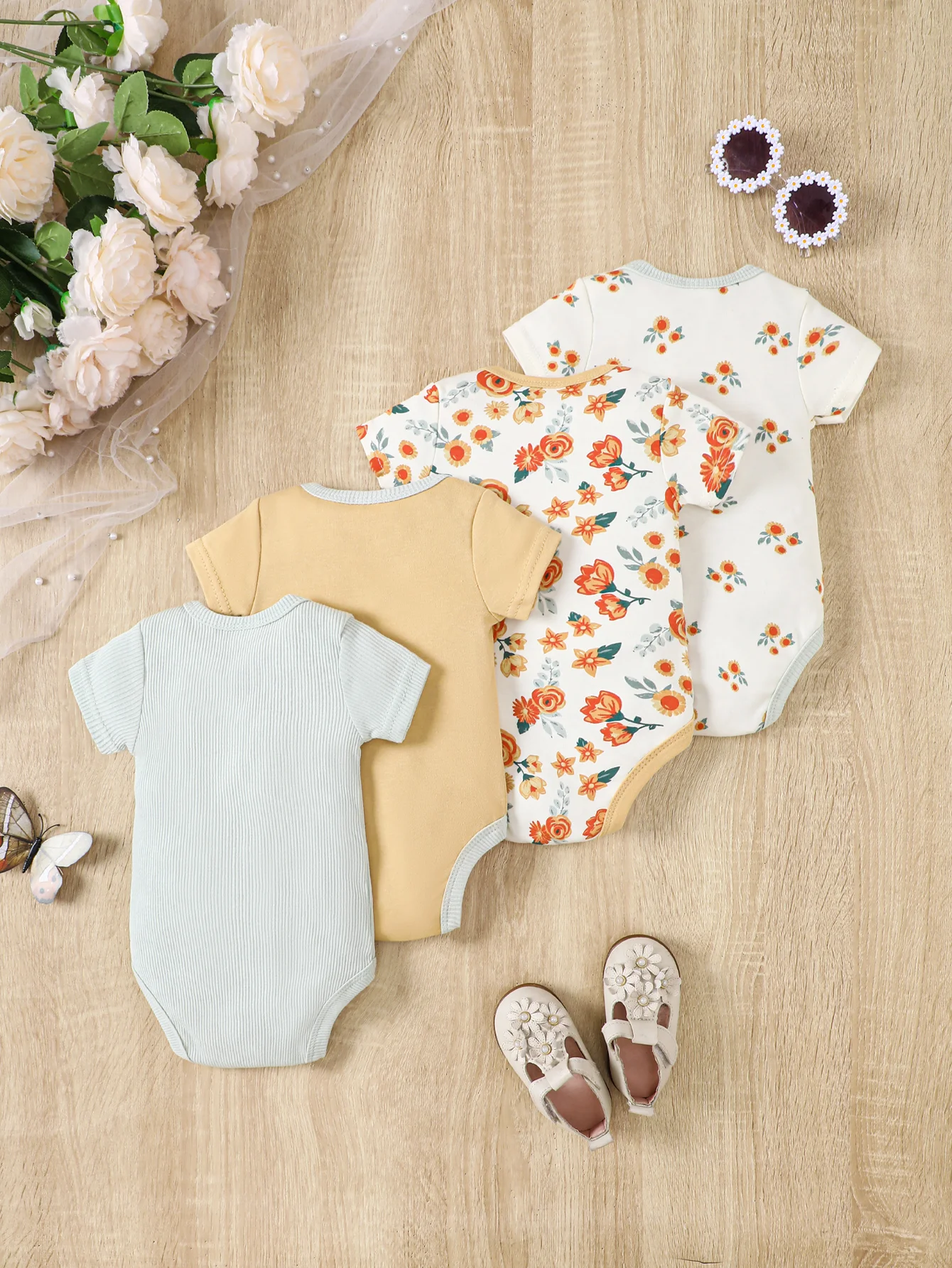 4PCS Summer Baby Jumpsuit Cartoon Lion Pattern Short Sleeved Jumpsuit Paired with Striped Pattern Jumpsuit for 0-1 Year Old Boys