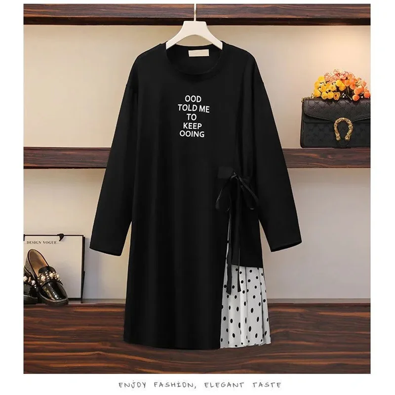Large Size Women's Dress 2025 Spring Summer New Stitching Long-Sleeved Bottoming Shirt Fashion Coat Fat MM Vestidos Female Tops