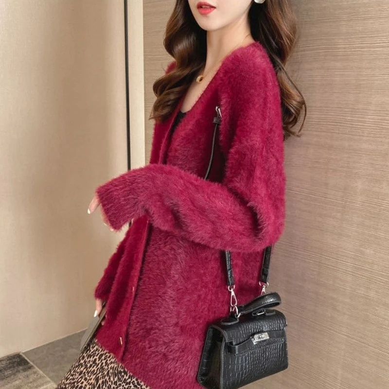 Autumn Winter New Solid Color Fashion Long Sleeve Sweater Women High Street Casual Loose Button Elegant Thicken Warm Cardigan