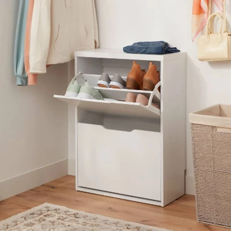 

Laminated pivot open shoe cabinet white