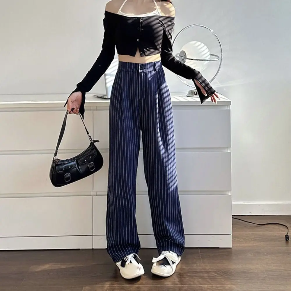 

Simple Loose Stripe Straight Leg Pants Workout Trousers High Waist Casual Pants Women Autumn Drape Feeling Wide Leg Pants Female