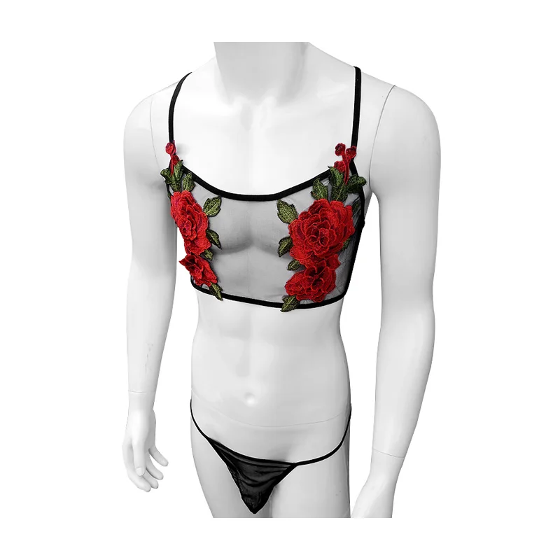 

Sexy Embroidery Mens See Through Sheer Mesh Lace Lingerie Set Nightwear Shoulder Straps Bra Top Thongs Sissy Erotic Underwear