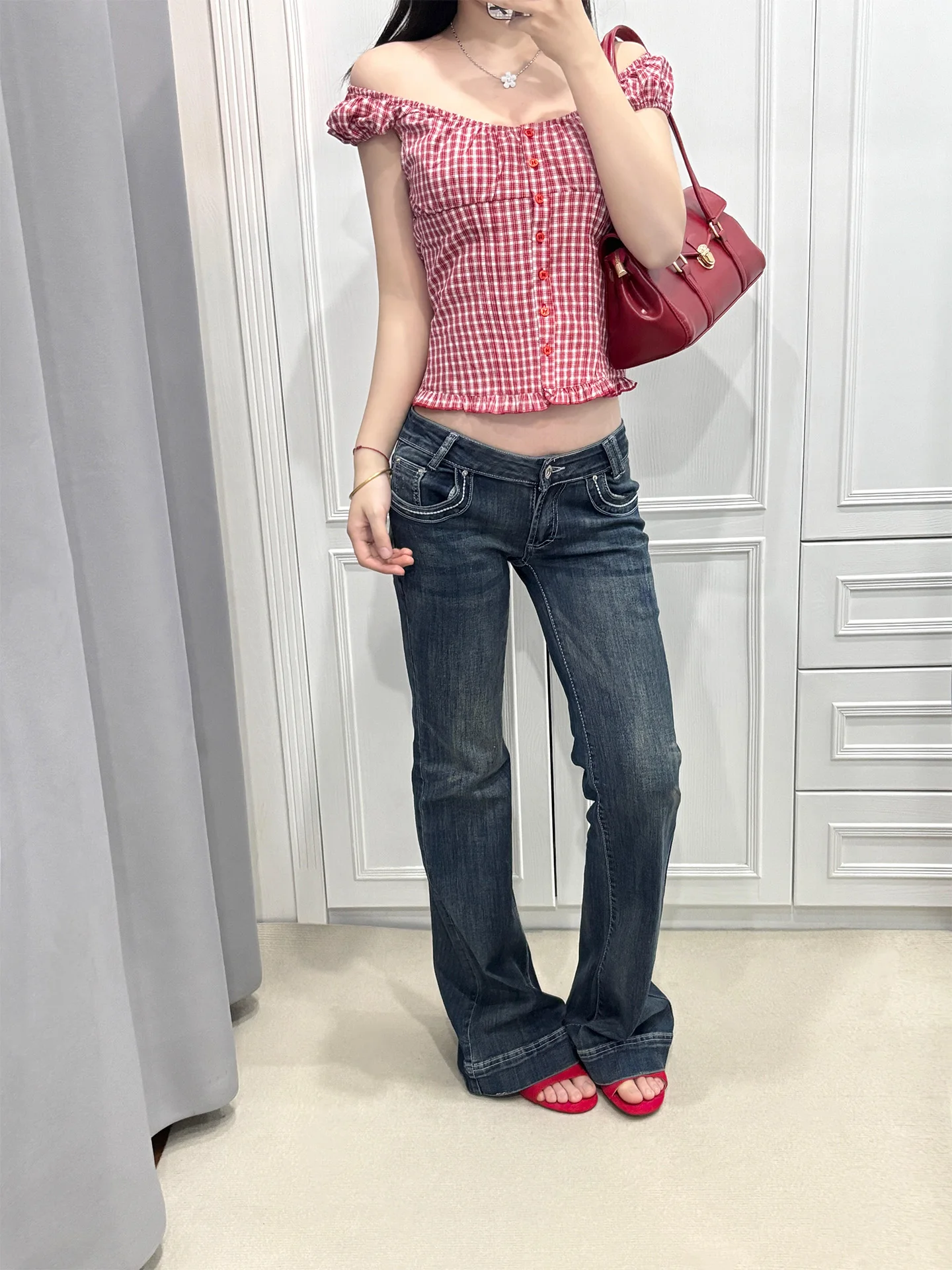 Slim Fit Deep Blue Bell Bottoms Retro American Style Women's Jeans Distressed Washed for Spring Season High Street Fashion