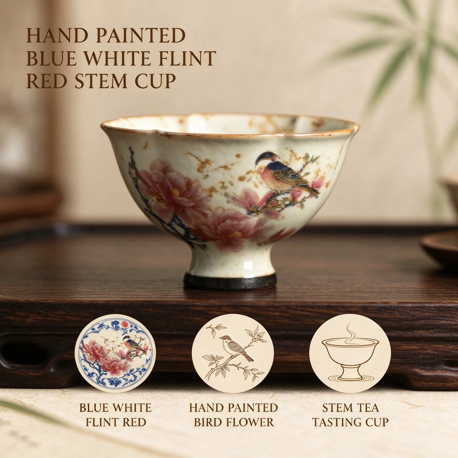 Hand Painted Blue White Flint Red Stem Cup Master Underglaze Chinese Porcelain Tasting Kung Fu Tea Ceremony Home Office Chinese