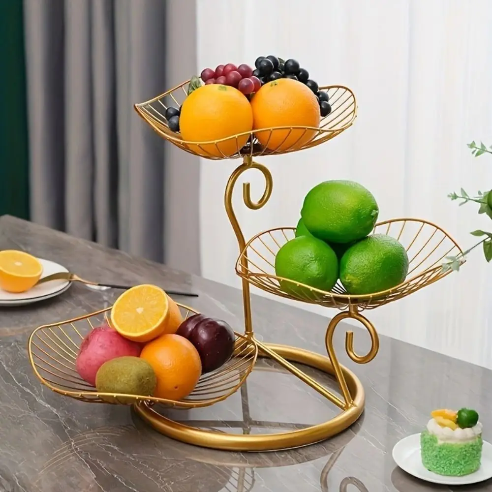 Lotus Leaf Shape 3-Tier Fruit Basket Metal Wire Vintage Fruit Storage Tray with Base Space-Saving Multi-Layer Serving Tray