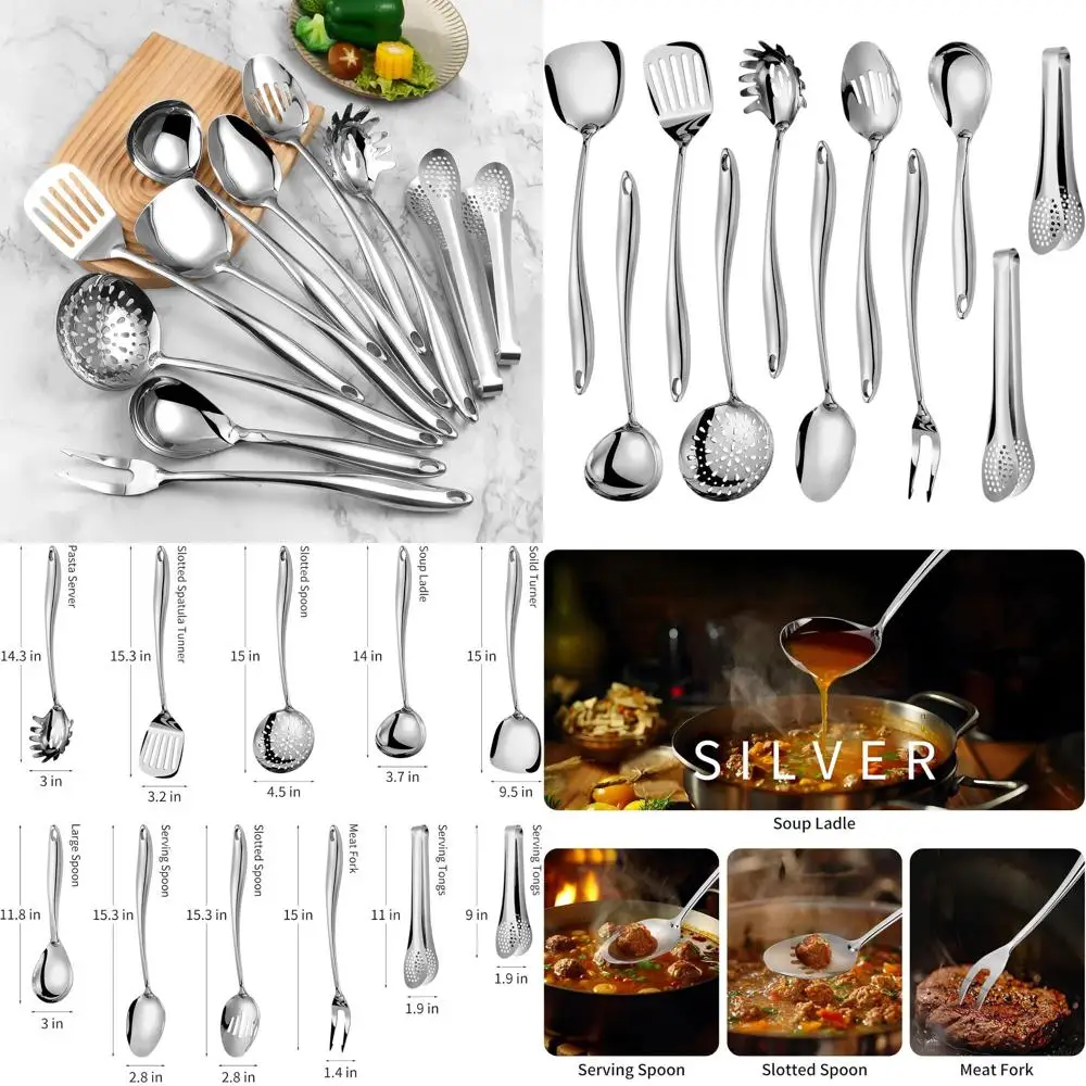 

11-Piece Stainless Steel Kitchen Tool Set: Mirror Polished Cooking Utensils with Spatula, Spoon, Ladle, Skimmer, Turner, Pasta S
