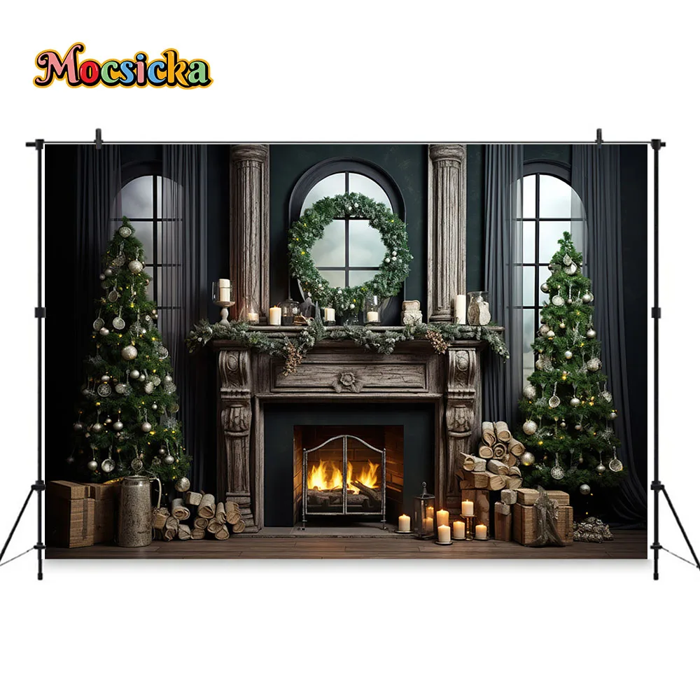 Mocsicka คริสต์มาสเตาผิงพื้นหลังสตูดิโอถ่ายภาพสีเขียว Xmas Tree หน้าต่างฉากหลังตกแต่งฤดูหนาว Family Photo Studio