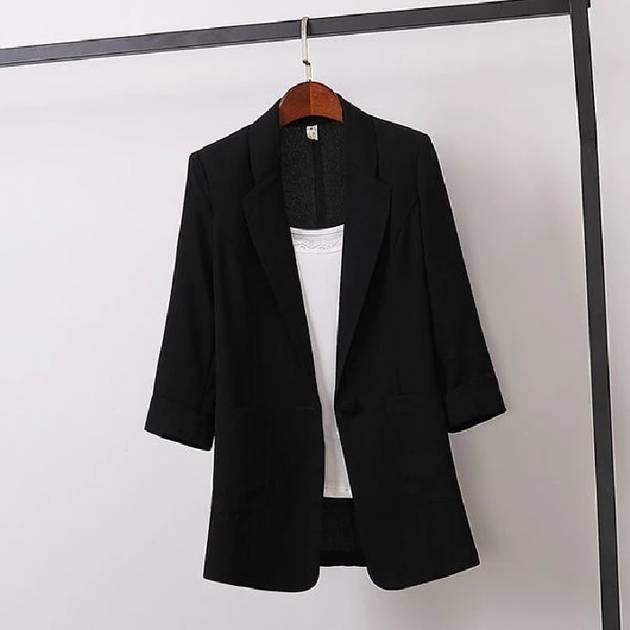 Cotton Hemp Thin Blazer Coat 2021 Women's Autumn Korean Casual Slim Half Sleeve Jacket Loose Sunscreen Coat Lapel Outerwear