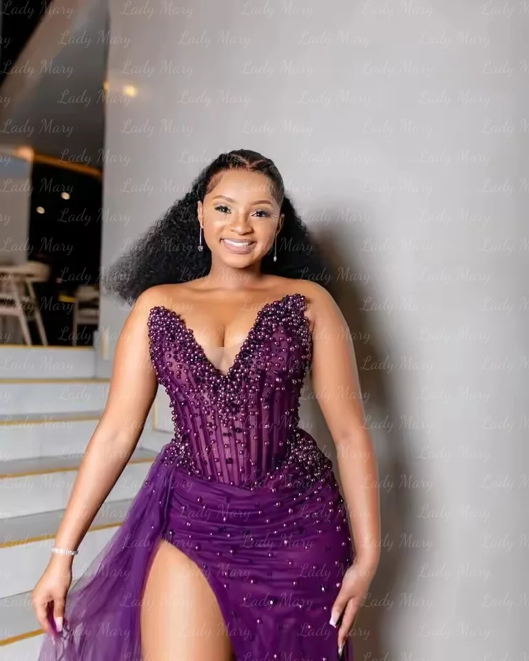 맞춤형 매력적인 보라색 진주 이브닝 드레스 2025 사이드 트레인 슬릿 공식 파티 댄스 파티 가운 아소 에비 긴 페르시 생일 가운