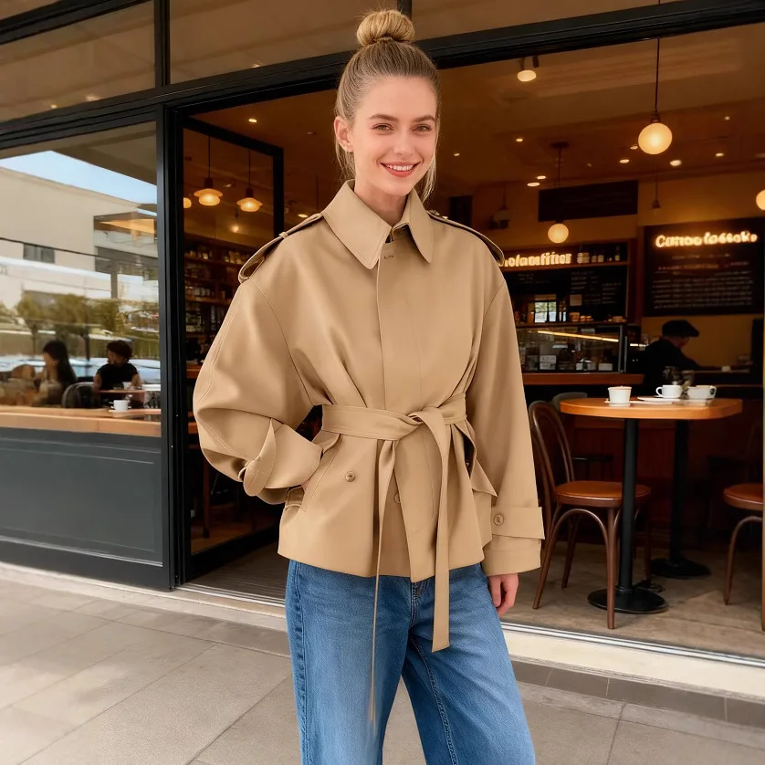 

2025 Autumn New Women Khaki Turn Down Collar Short Trench Coat Belt Design Casual Versatile Jacket Multi Color Options