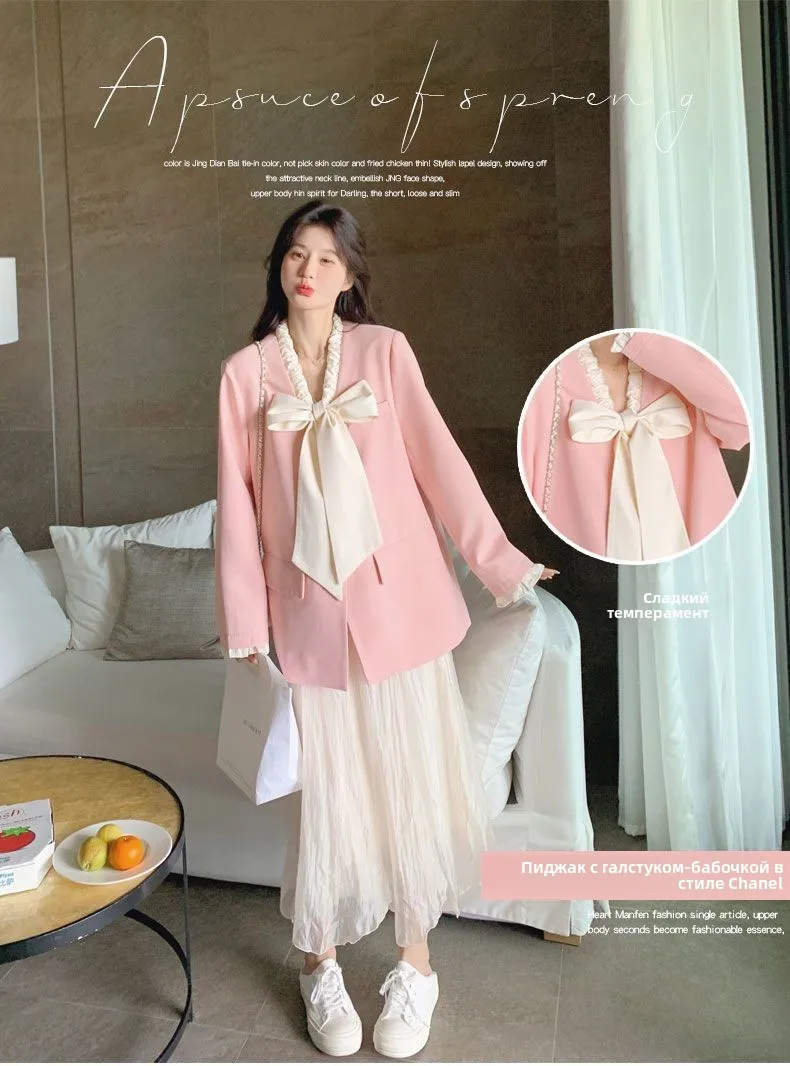 Pink Bow Suit Jacket.New Fashionable Women's Clothing for Spring Autumn. A Casual Elegant Small Suit with A Korean-style Design.