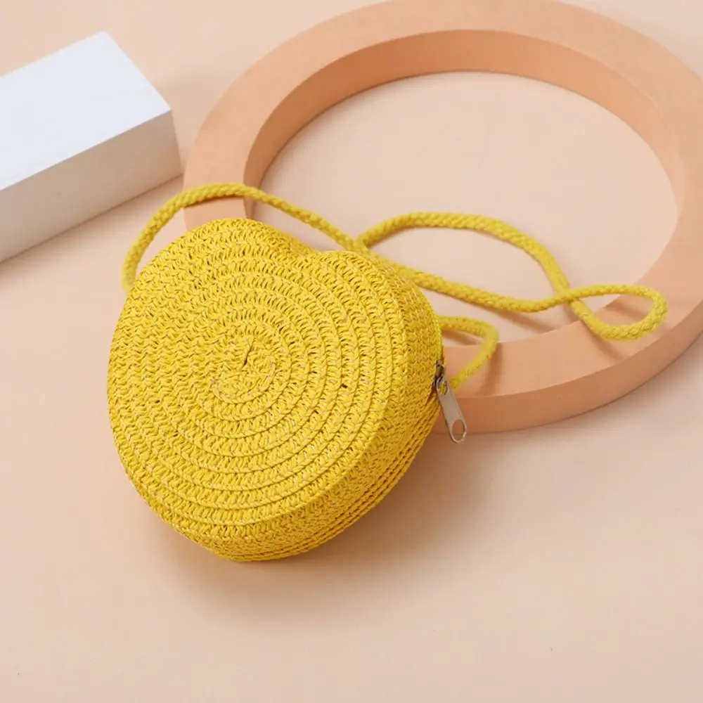 

Fashion Woven Straw Shoulder Bags Heart Shape Travel Crossbody Bag Cute Creative Coin Purse for Children
