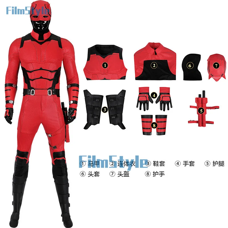 Daredevil Cosplay Kostuum Matt Murdock Rood Lederen Battle Suit Jumpsuit Riem Handschoenen Fullset Outfit Halloween Carnaval Feestpak