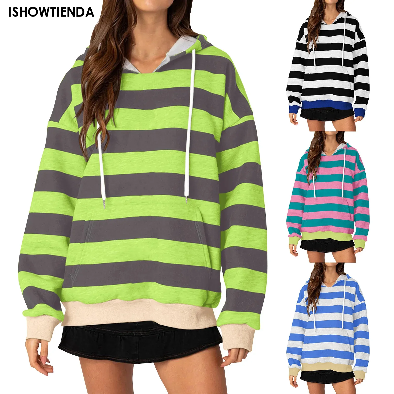 Women's Pullover Fashion Casual Stripe Print Hooded Long Sleeve Loose T Shirt Tops Long Sleeve Loose Drawstring Hooded Sweatshir