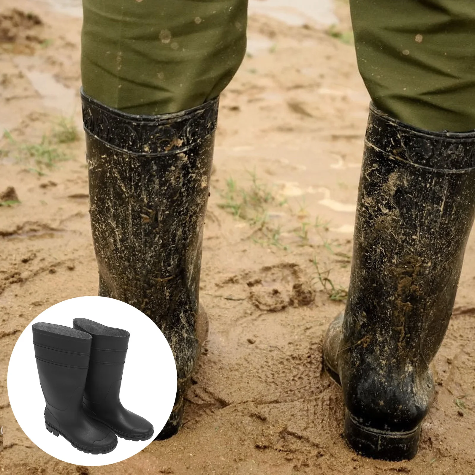 

1Pair Anti-Skid Wear-Resistant Rain Boots Black PVC Injection Molded Waterproof Protective Footwear for Farming Food Processing