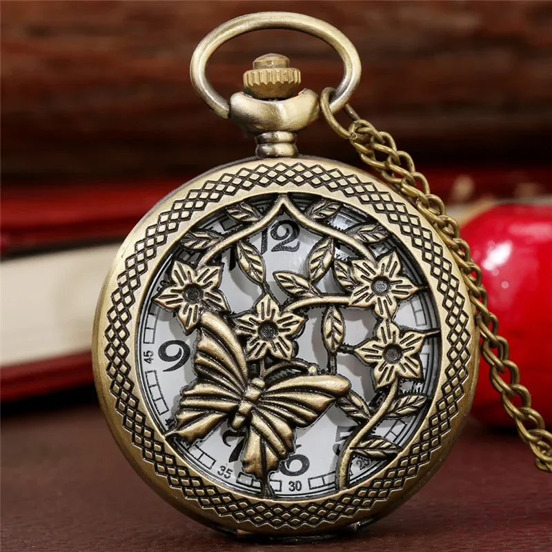 Bronze Half Hunter Butterfly Flower Case Unisex Analog Quartz Pocket Watch Chain Pendant Clock Collectable Reloj De Bolsillo