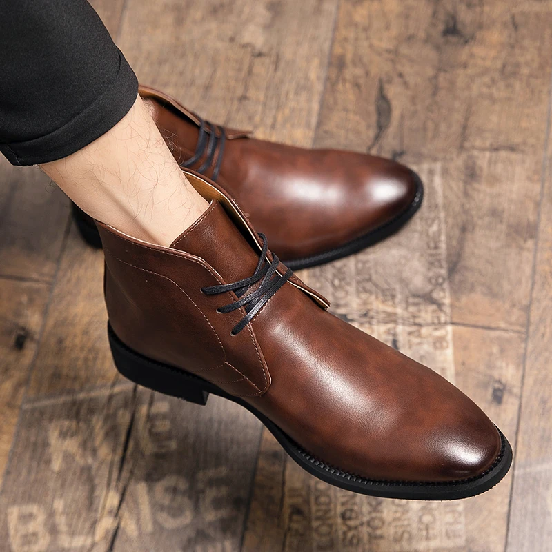 Men Ankle Boots Brown Black Blue Motorcycle Boots Lace Up Business Handmade Pu Leather Shoes for Men with - view 3