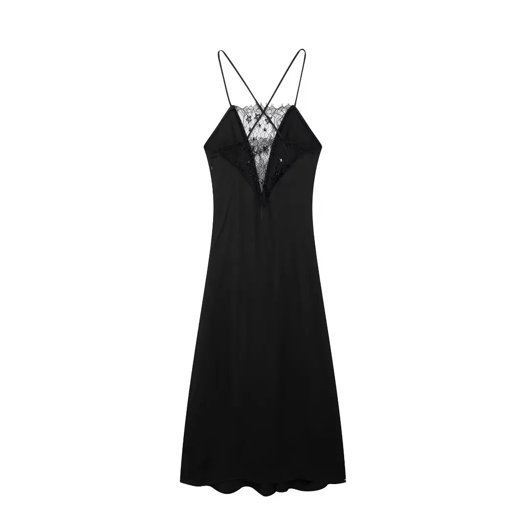 Tangada 2024 Women Lace Patchwork Black Dress Sleeveless Female Long Dress 3h0631