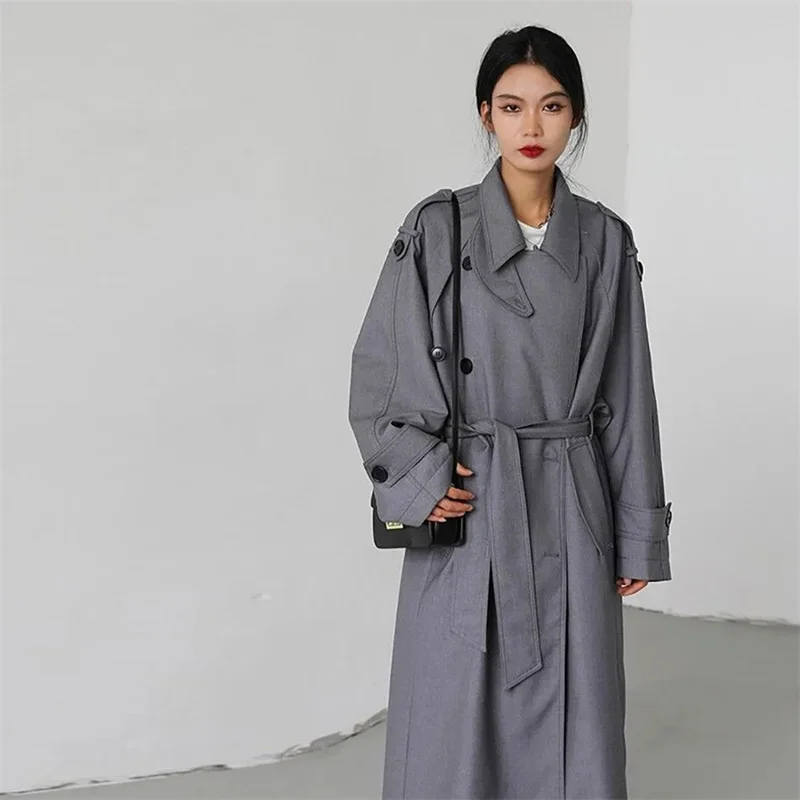 

Весенне-осенний длинный серый плащ цвета хаки для женщин, двубортный свободный повседневный корейский модный плащ