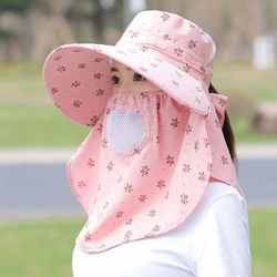 Female Summer Sun Hat, UV Protection, Cycling Large Brim Hat with Neck Flap, Shawl Hats, Removable Face Mesh, Breathable Cap