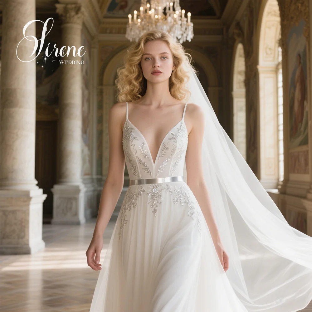 Sirene Spaghettibandjes Zeemeermin V-hals Borduren Satijnen Trouwjurk Mouwloos Lange Trein Ruglooze Formele Jurken Op maat