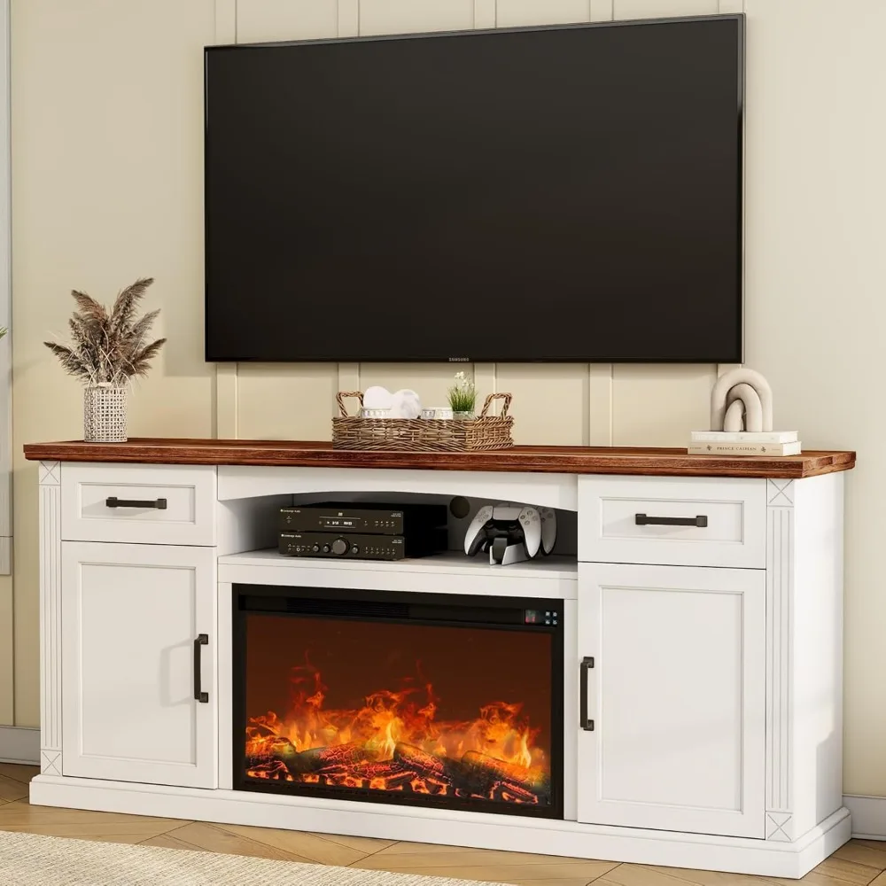 70-Inch Fireplace TV Stand for 80-Inch TVs, 32-Inch Tall Entertainment Center with Electric Fire, Farmhouse Style TV Stand