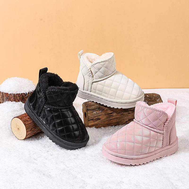 Winter Children's Boots Solid Color Leather Girl Snow Boots Fashion Thickened Plush Kids Causal Outdoor Cotton Boots for Boys