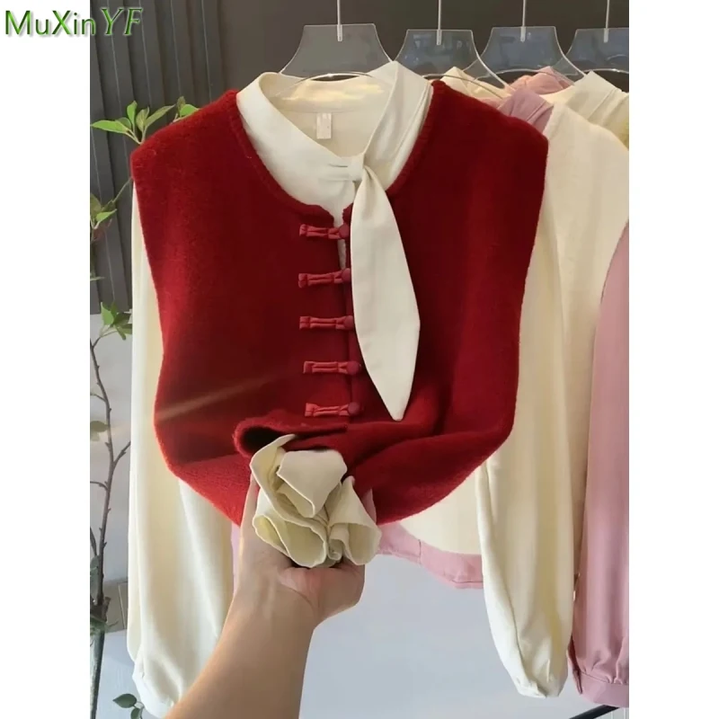 Spring Autumn Chinese Style Red Sweater Vest Long Sleeve Shirts 1 or 2 Piece Set 2024 Women Graceful Knit Tops Blouse Outfits