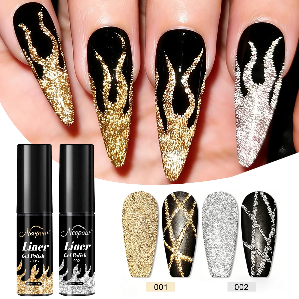 NeoPow Gold Silber Metallic Gel Nagellack (Silber und Gold) 3D Spiegel-Chrom-Effekt, 5 ml Fassungsvermögen; perfekt für präzise Muster und UV-LED-Nagellinien.