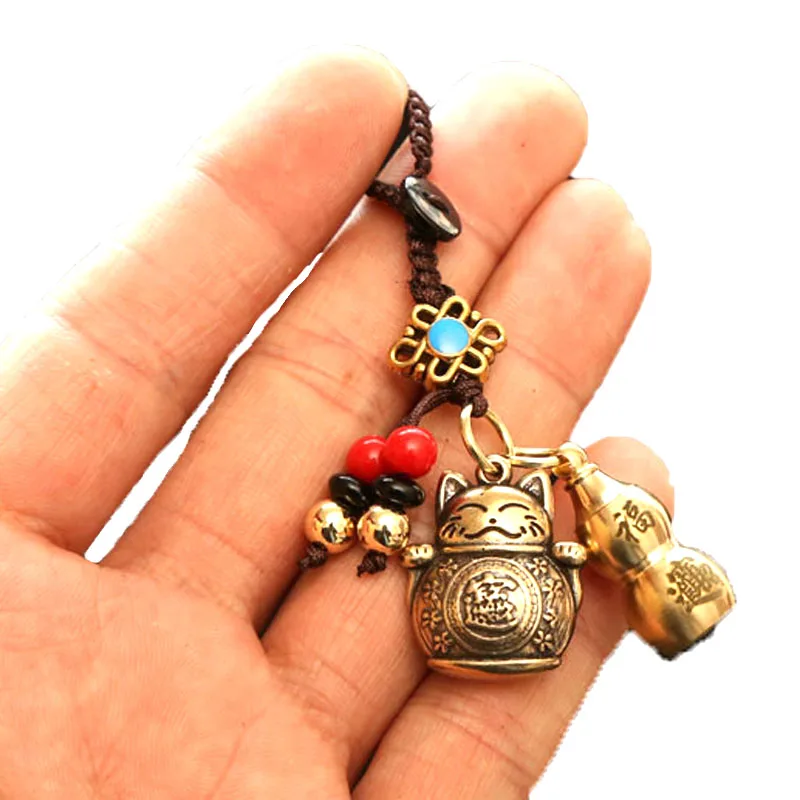 Pure Handmade Brass Key ring cute Lucky Cat Car Keychain Pixiu Five Emperors Money Keychain on the phone feng shui Lucky KeyRing