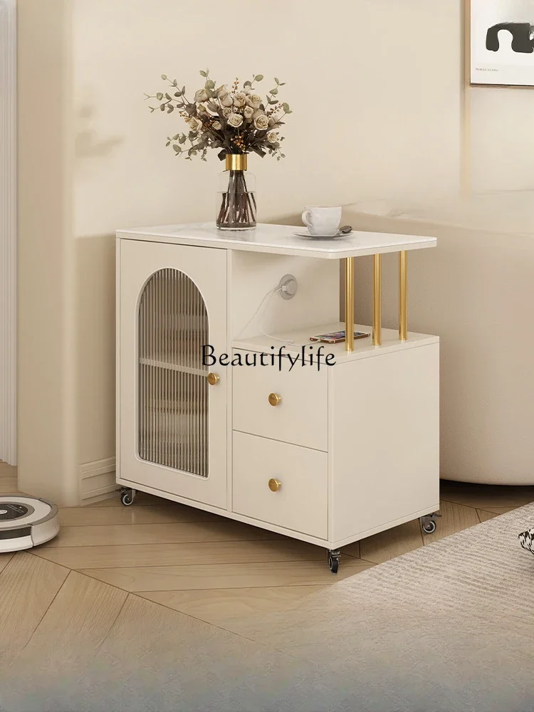 French Solid Wood Cream Style Stone Plate Sofa Side Cabinet Living Room Removable White Corner Table Eight-Immortal Table