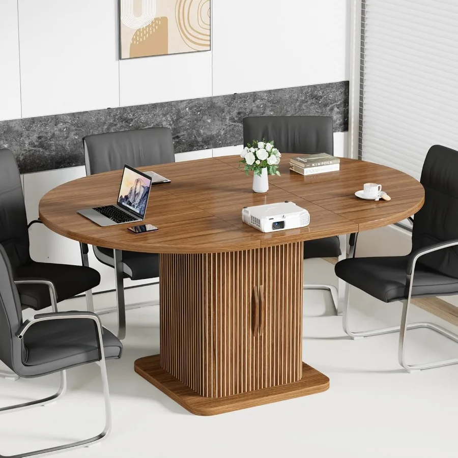 Extendable Round Conference Table for 4-8 People, 43-59Inch, Walnut