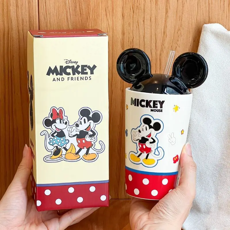 Taza de paja con tapa de cerámica con dibujos animados de Mickey de Disney, creativa para hombres y mujeres, parejas, taza de café para el hogar y la Oficina, regalo