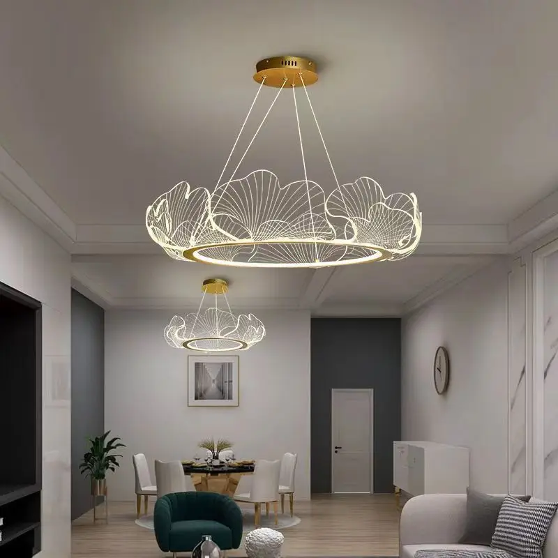 Nowoczesne LED Lotus Leaf żyrandol podsufitowy pierścień akrylowy wisiorek światło do salonu jadalnia Home Deco wiszące lampy lustre oprawa