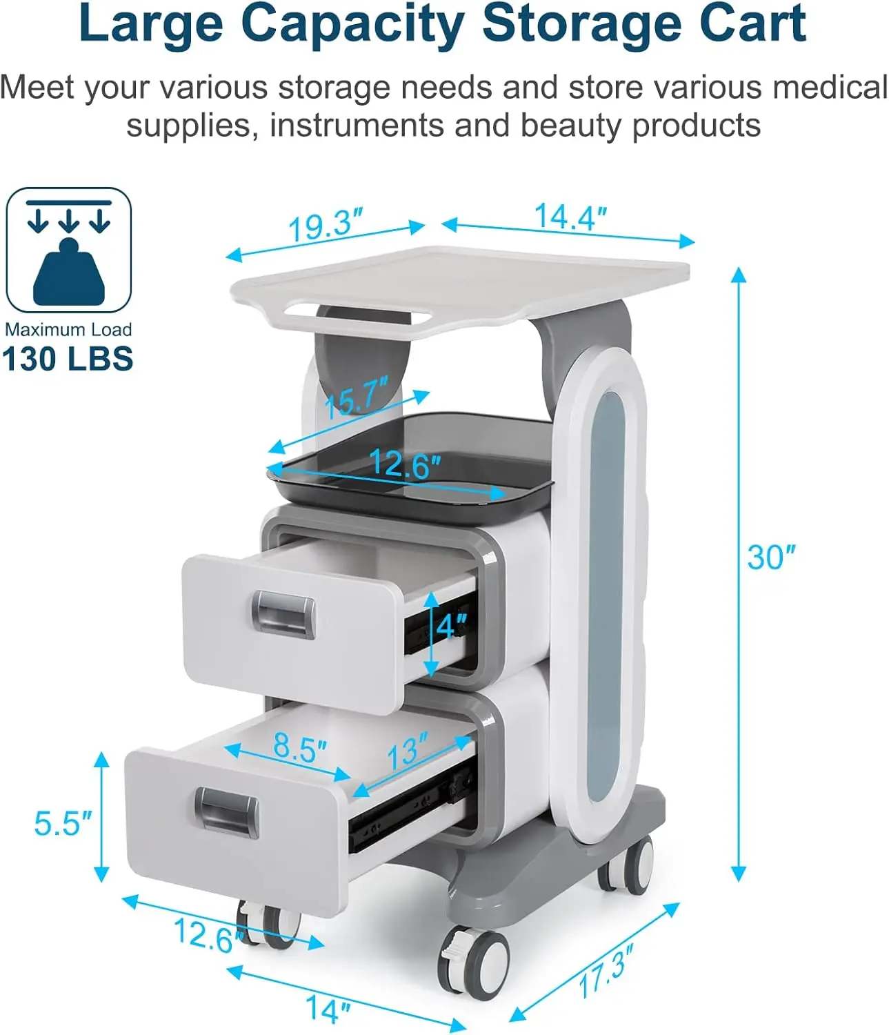 Medical Trolley Cart 130 Lbs Load Portable Professional Cart for Ultrasound Imaging Scanner Vehicle Beauty Storage Cart with Dra