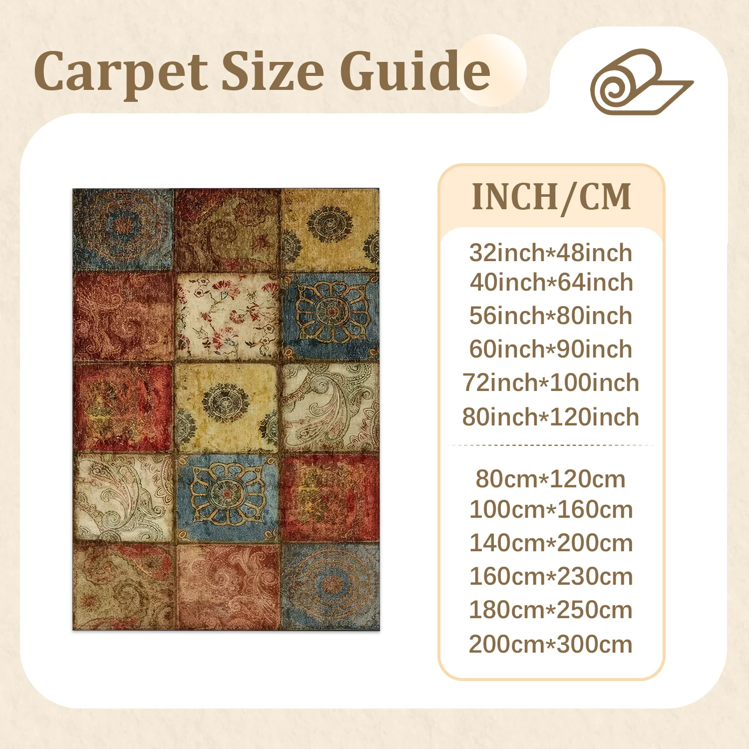 Large Indoor Vintage Patchwork Area Rug, Soft Velvet Low Pile, Non-slip Dotted Backing, Machine Washable Floor Rug for Living Room, Bedroom, Entryway, Distressed Floral Medallion Tile Pattern for Cozy Home Decor