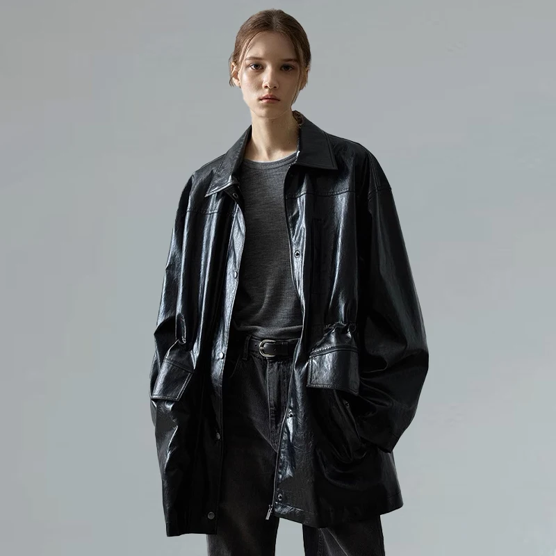 Cappotto Jaet in pelle di media lunghezza da donna Autunno Inverno Nuovo Sle Pendolarismo Sle Loose Fit Lungo colletto quadrato Sve Materiale PU