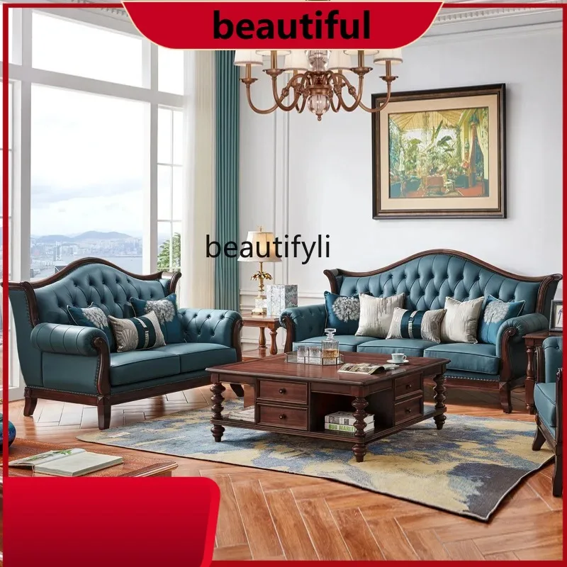 

Mahogany core wood American leather sofa living room solid wood sofa combination first layer cowhide H