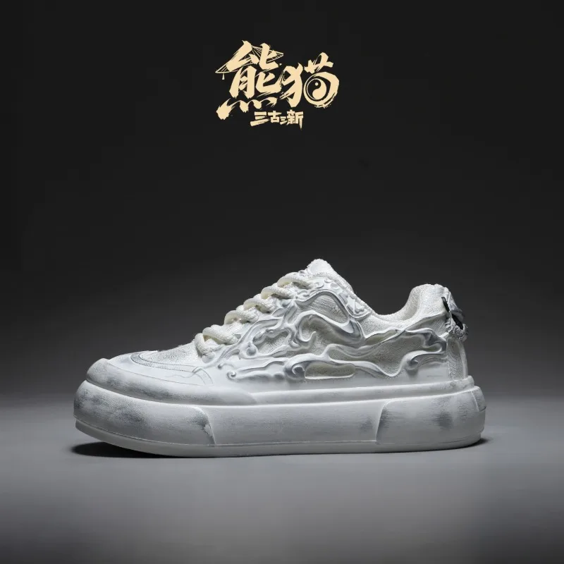 Men Panda Totem Board Shoes 2026 Low‑top Breathable Fabric Rubber Sole Wear‑resistant Lace‑up Daily Casual Sneakers White Black
