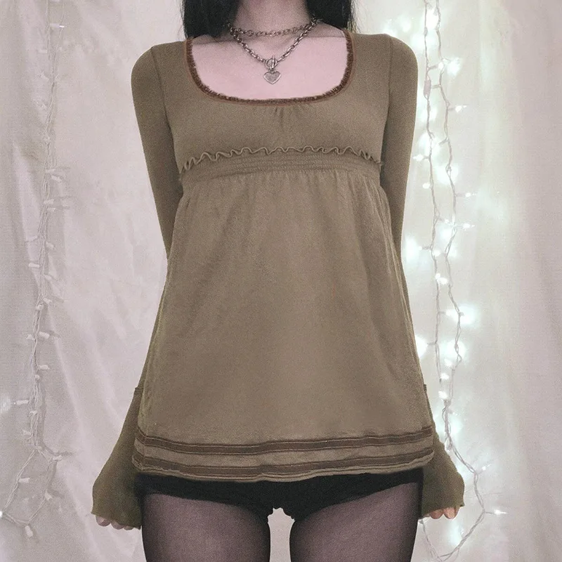 Solid Color Square Neck Doll Shirt With Lace Border Loose A-List Top For Girls' Casual And Versatile T-Shirt Design